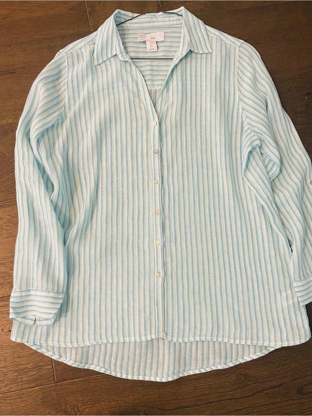 C&C California Linen Shirt Light Blue & White Striped Button-Down Shirt Large